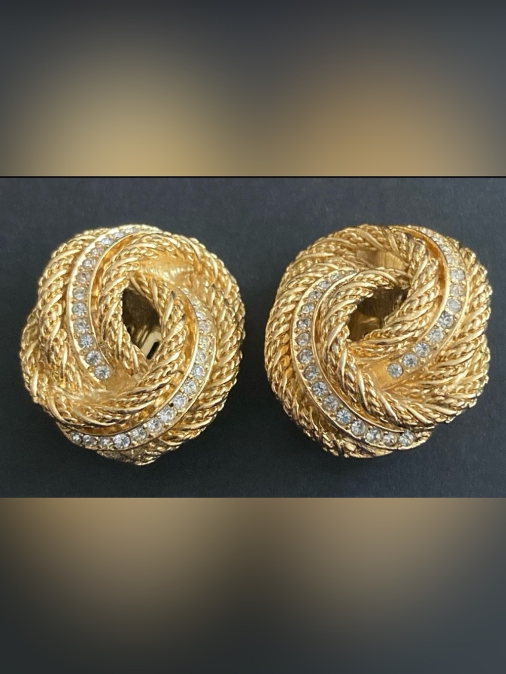 CHRISTIAN DIOR Signed Vintage Gold Tone Crystal Knot Clip-On Earrings
